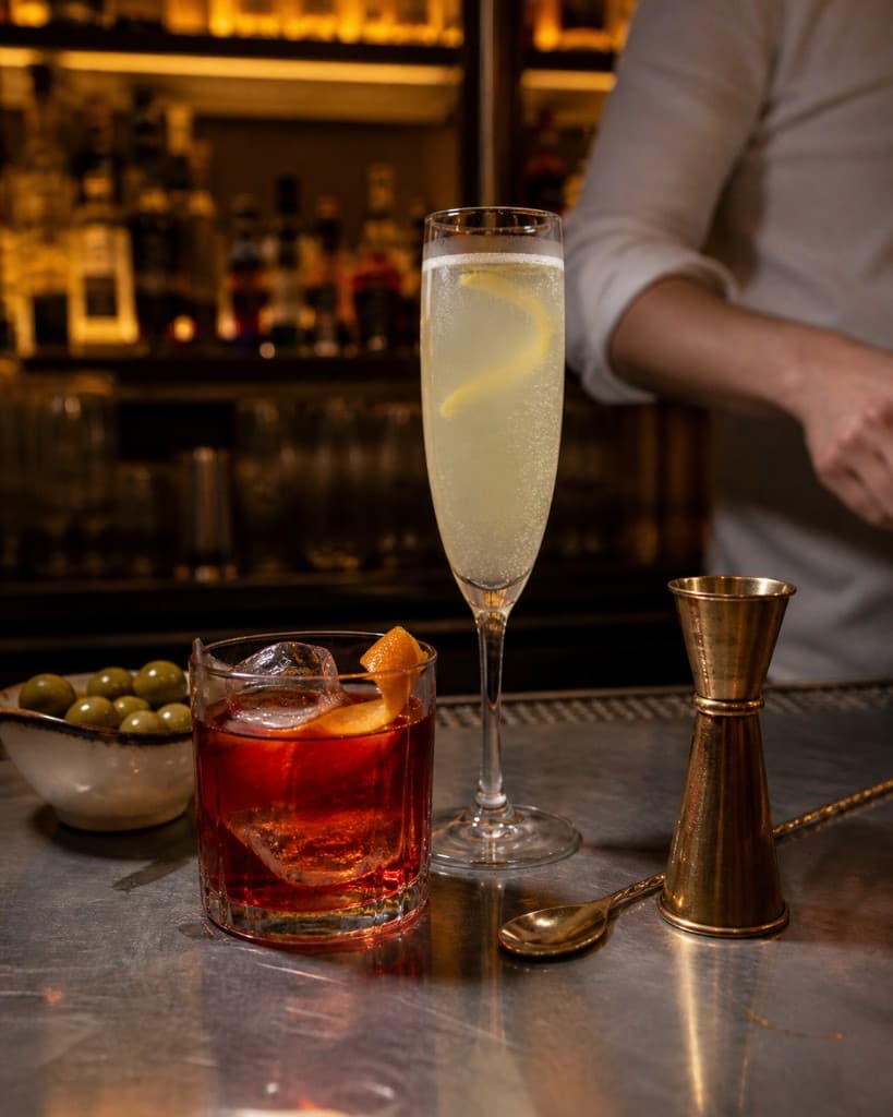 Negroni et French 75 servis sur un comptoir en zinc patiné