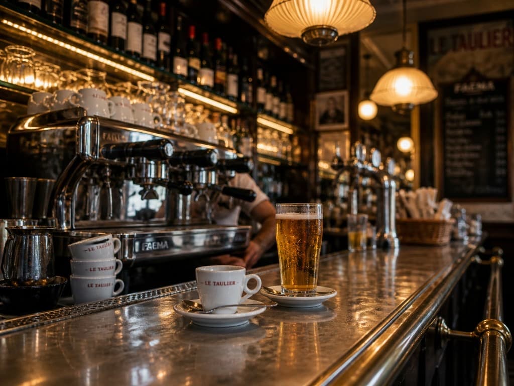 Comptoir en zinc patiné, percolateur en chrome, lumière chaude