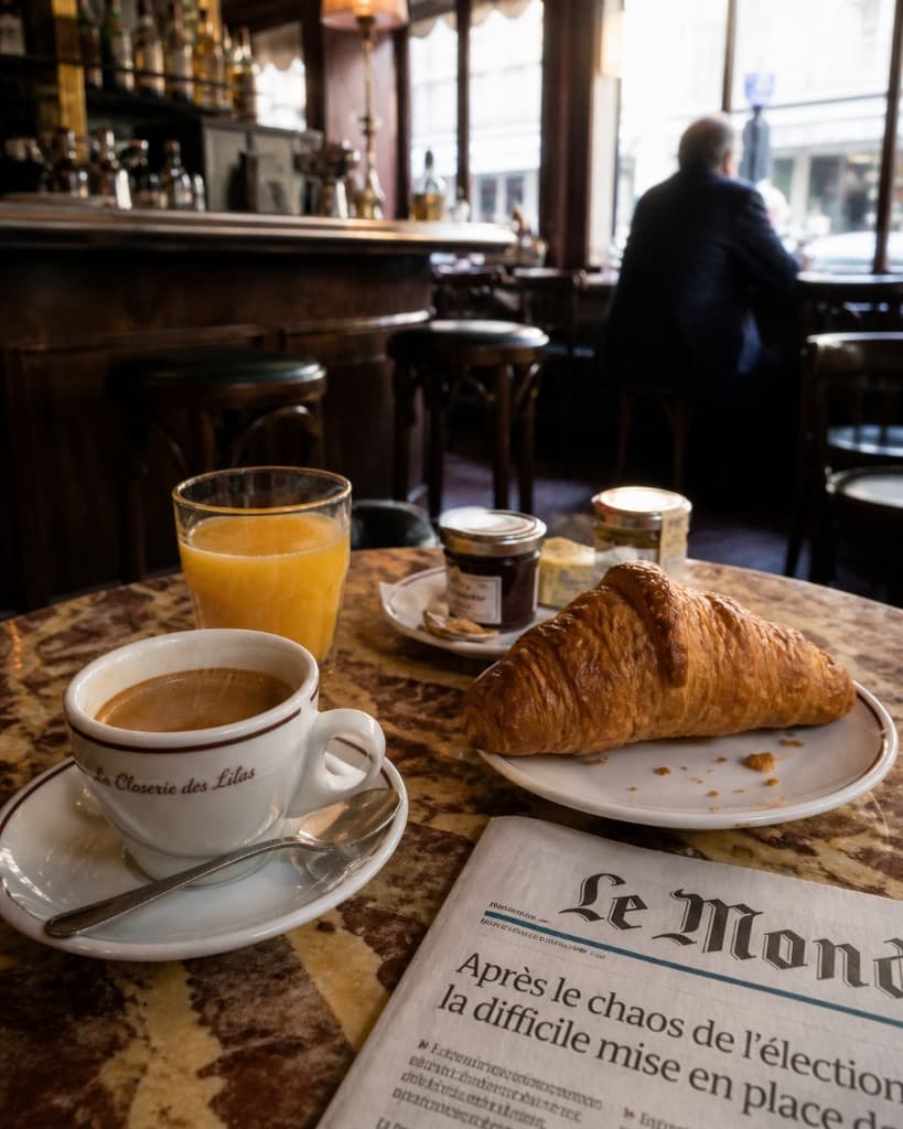 Espresso, jus d’orange et croissant sur table en marbre, lumière du matin